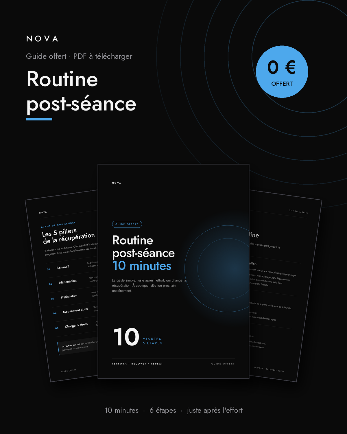 Aperçu du guide gratuit NOVA Routine post-séance 10 minutes : couverture et pages intérieures